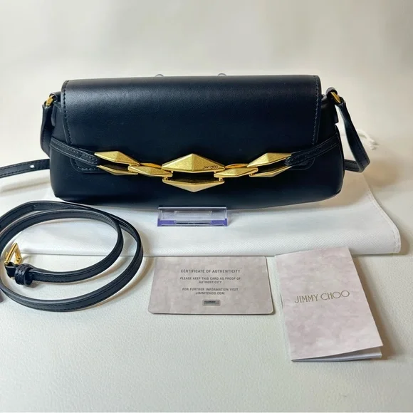 NEW JIMMY CHOO EAST WEST LEATHER SHOULDER BAG BLACK GOLD - Picture 2 of 16